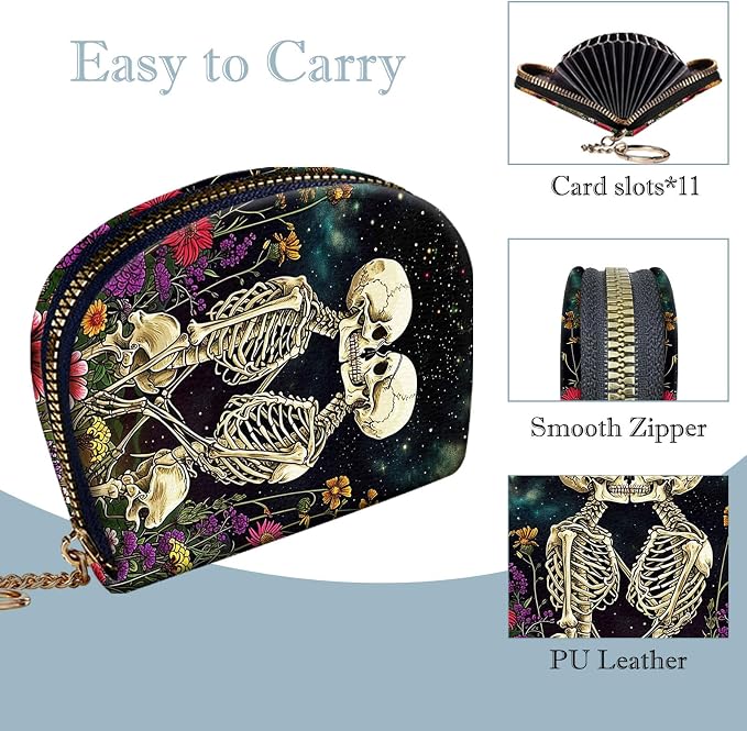 Women's Slim RFID Wallet – Compact Leather Card Holder Wallet for Women, 9 Card Slots RFID Blocking Credit Card Organizer, Small Travel Wallet - Skeleton Floral
