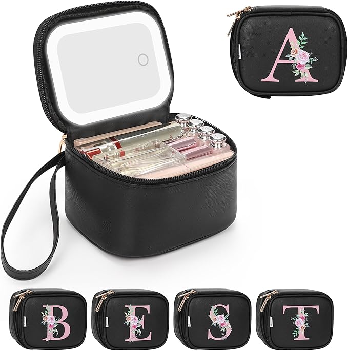 Relavel Mini Makeup Bag with Led Mirror, Portable Initial Make Up Bag for Women with 3 Light Modes, Rechargeable Makeup Pouch for Girls, Personalized Birthday Gifts for Party Travel (Black, A)