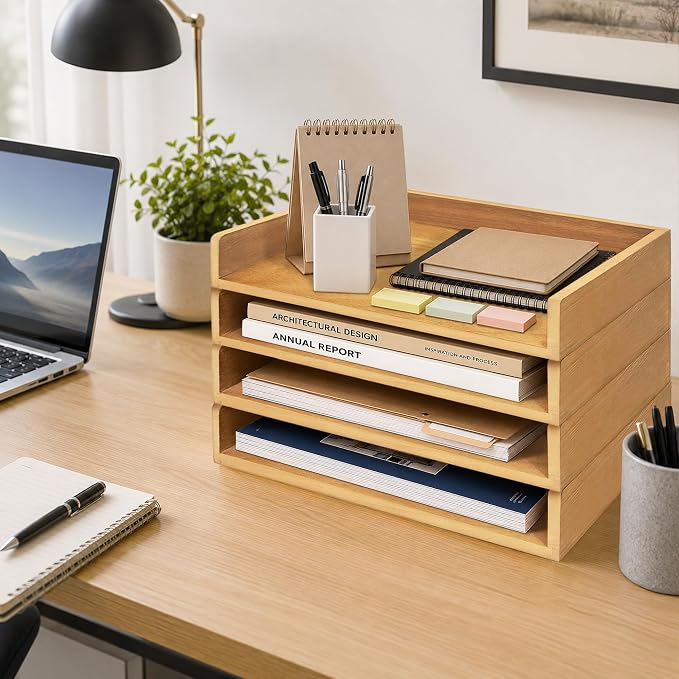 PROLEE 4 Pack Stackable Paper Tray, Wooden Paper Tray Organizer with Letter Tray, Paper Holder for Desk, Desktop File Storage Rack for Study, Home and Office (Oak)