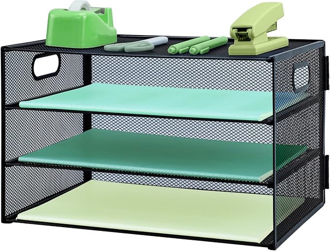 Paper Letter Tray with Handle, 3 Tier Metal Mesh Desk File Organizer, A4 Paper Desktop Filing Trays, Desk Tidy Magazine Document Holder for Home Office, Black