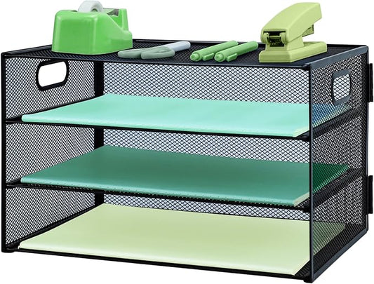 Paper Letter Tray with Handle, 3 Tier Metal Mesh Desk File Organizer, A4 Paper Desktop Filing Trays, Desk Tidy Magazine Document Holder for Home Office, Black