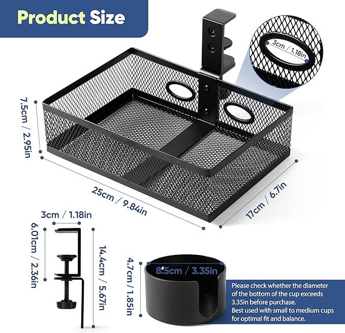 360 Rotating Under Desk Drawer Organizer with Cup Holder Clamp On Desk Drawer No Drilling Table Management Tray Anti-Slip Swivel Pencil Drawer Under Table Storage Easy Install for Home Office