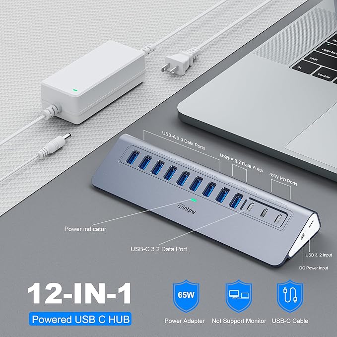 Powered USB Hub 10Gbps, intpw YH9AC 12-Port USB Splitter with USB A/USB C 3.2, 7 USB 3.0, 2 PD 45W Charging Ports, 65W Power Adapter + 3.3FT Cable, Aluminum USB Extender Hub for Laptop/PC/iPhone 16/15