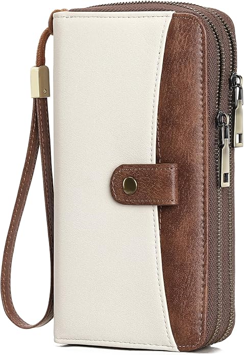 GAEKEAO Womens Wallet Large Capacity Double Zipper Ladies Card Phone Holder RFID Blocking Leather Clutch Wristlet Grip Strap