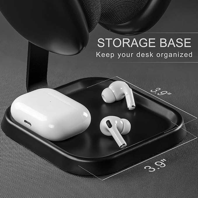 Headphone Stand, Curved Headset Stand with Storage Tray, Gaming Headset Holder for AirPods Max, AirPods Max 2, AirPods, AirPods Pro, Beats, Bose, Sony and More (Black)