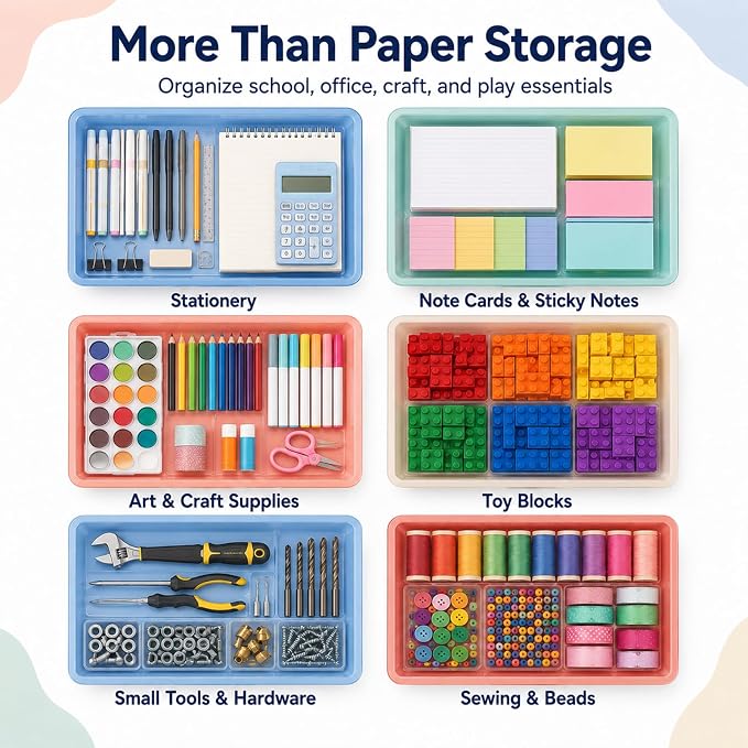 12 Pack Flat Storage Paper Tray with Clear Latching Lid Letter Size Organizer Bin Tray Plastic Latching File Organizer for Classroom Library School Office Teacher Desktop Book Organization (Morandi)
