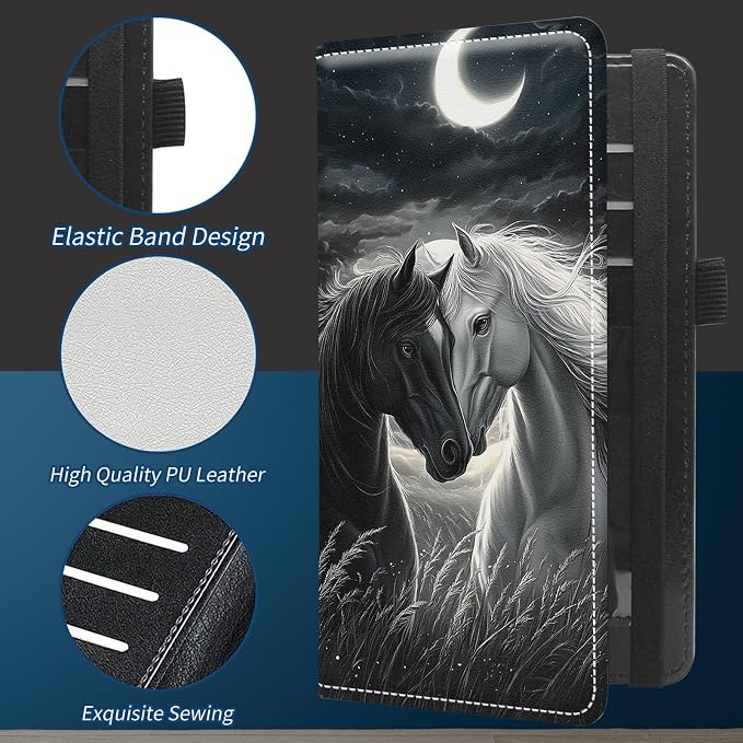 Check Book Cover for Personal Checkbook with Duplicate Checks for Women's & Men PU Leather Wallets Check Book Holder with Pen Card Slots Elastic Strap,Dark Horse White Horse