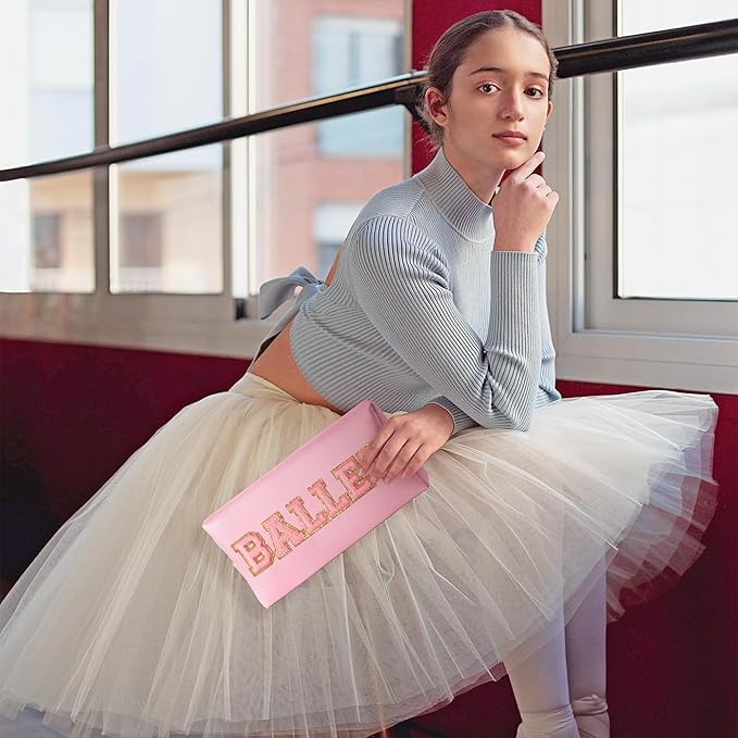 Y1tvei Ballet Cosmetic Bag for Girls - Preppy Patch BALLET Pink Chenille Letter Makeup Bag PU Leather Waterproof Portable Ballerina Makeup Pouch Dance Recital Travel Toiletry for Girl Dancer(Pink)