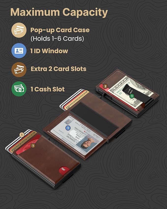 typecase Flip Pop Up Wallet for Men Card Holder: Smart Privacy & lD Display Mode, RFID Blocking, Slim Genuine Leather, Minimalist Front Pocket - 8 Cards Capacity | ID Window | Money Clip (Brown)
