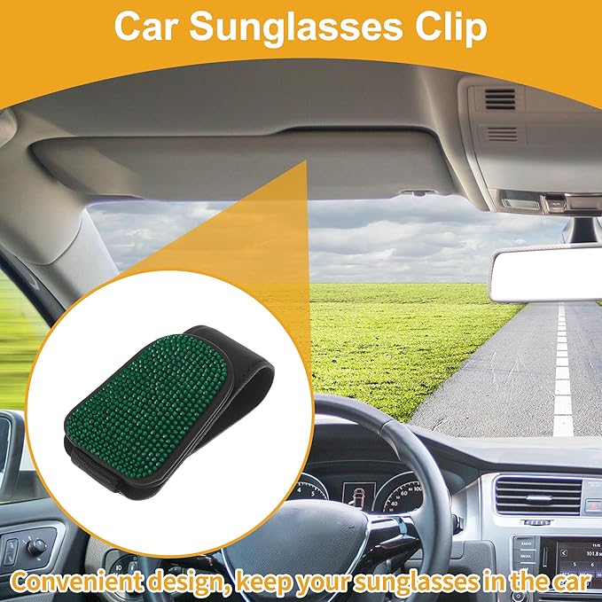Motoforti Car Sunglasses Clip Magnetic Universal Sun Visor Eyeglasses Holder Clip PU Leather,Rhinestones Green 8.5x5cm 1 Pcs