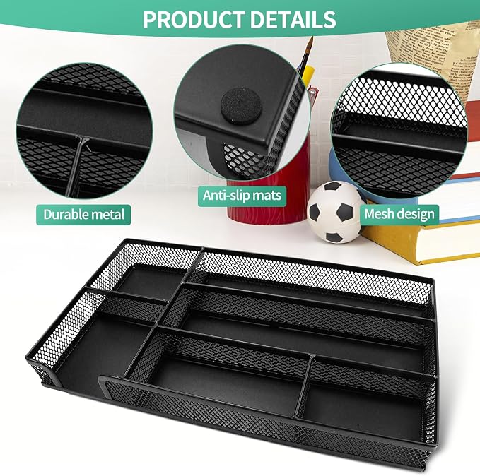 GAQWOK Small Metal Mesh Desk Drawer Organizer Tray for Paper, Office, Bathroom, Kitchen, Makeup & Vanity - Versatile Drawer Organizer