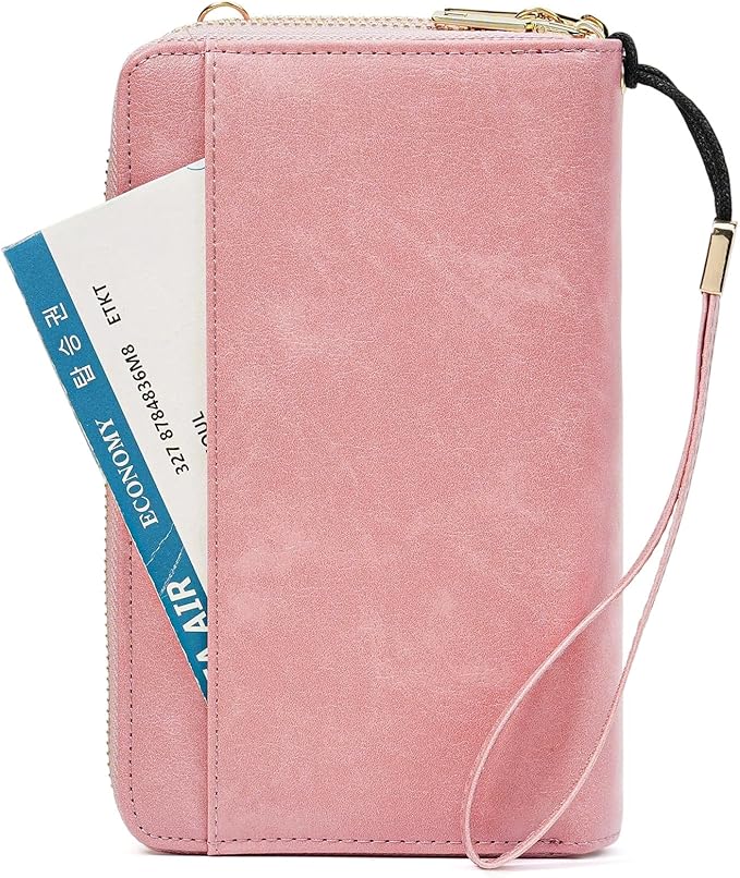 GOIACII Passport Wallet Travel Crossbody Bags for Women Wristlet Phone Purse Double Zip Vegan Leather Pink