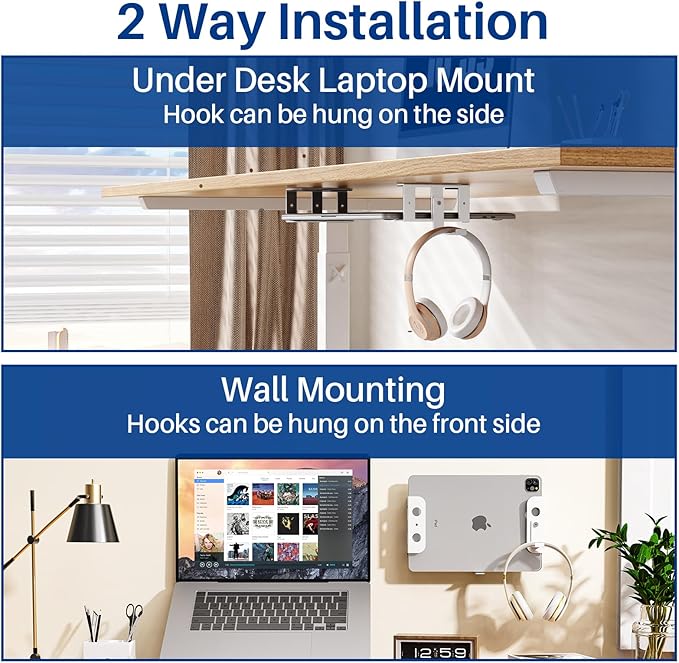 BYMECOST Under Desk Laptop Storage Mount, Metal Under Desk Device Holder, for Devices Up to 1.37" Thick, MacBook, Mini, Keyboard, Router, with Anti-Scratch Silicone (White, 2.1" with Hook)
