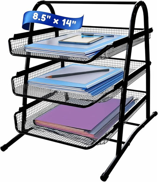 Performore 3-Tier Stackable Paper Tray Organizer for Desk - Black Metal File Rack for Legal-Size Paper (14"x8.5"), Document Holder & Desktop Storage for Office, Home, or School Organization