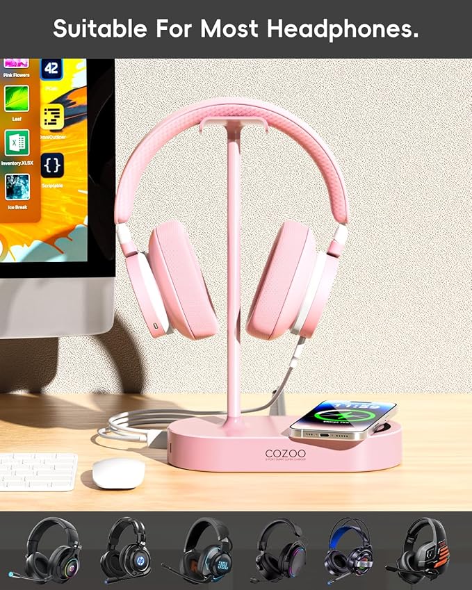 cozoo Pink Headphone Stand with 15W Wireless Charger, USB & Type-C Ports,Cute Desk Gaming Headset Holder,Gifts for Women,Teen Girls, Girlfriend,Gamer Girls,Aesthetic Desk Accessories, for Her
