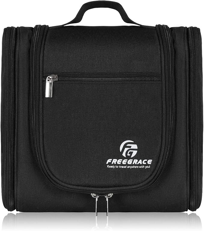 Freegrace Extra Large Hanging Toiletry Bag for Men and Women - Water-Resistant Nylon Travel Bathroom Organizer for Cosmetics, Makeup, and Toiletries