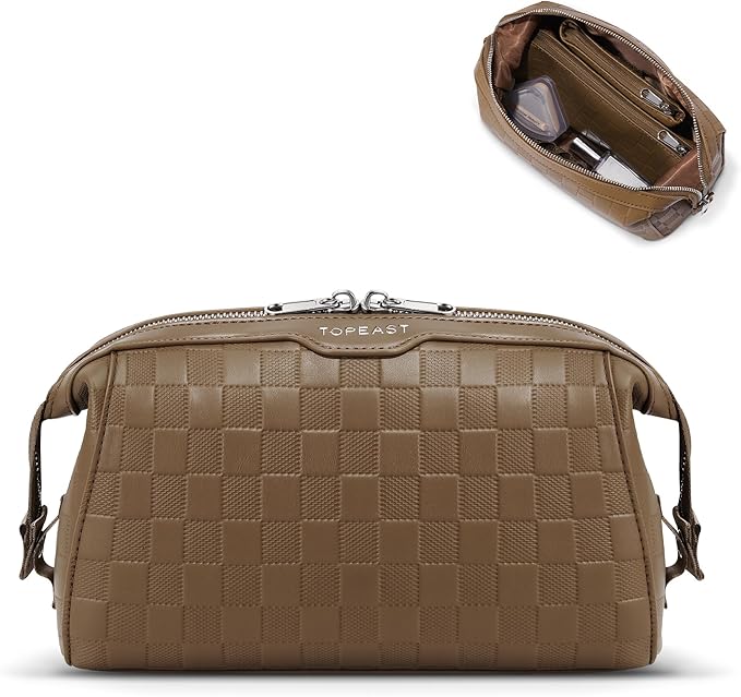 TOPEAST Travel Makeup Bag Cosmetic Bags for Women, 3 Pcs Set Make Up Toiletry Bag with Removable Zip Purse, Waterproof Leather Makeup Brush Organizer for Travel Essentials, Brown