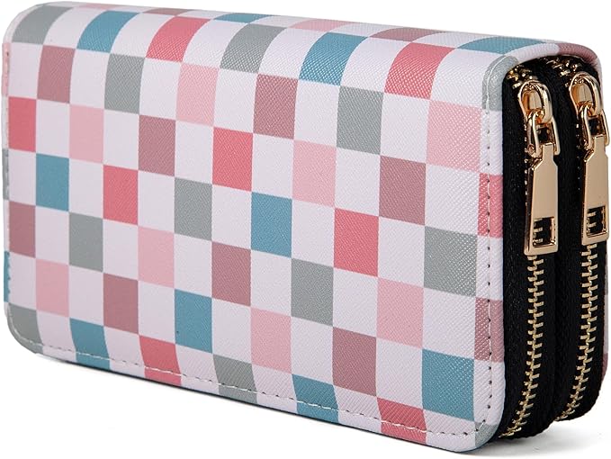 Colorful Plaid Long Wallet for Women, Dual Zipper Large Capacity PU Leather Card Holder with 12 Card Slots, Checkered Zip Around Clutch Purse for Daily Work Travel Use