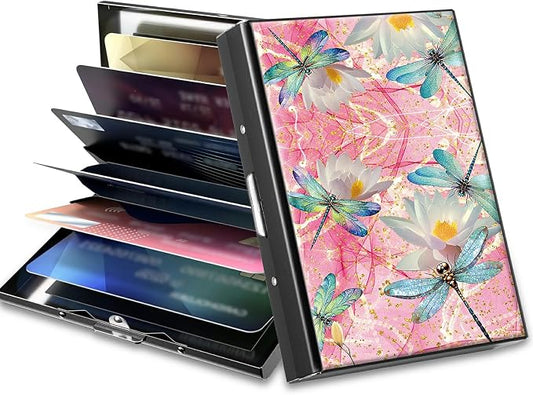 Slim Credit Card Holder, Pink Dragonfly RFID Blocking Metal Wallet for Men & Women, Aluminum Minimalist Hard Case Pocket-Sized Business Cards Organizer (Fits Up to 10 Cards)