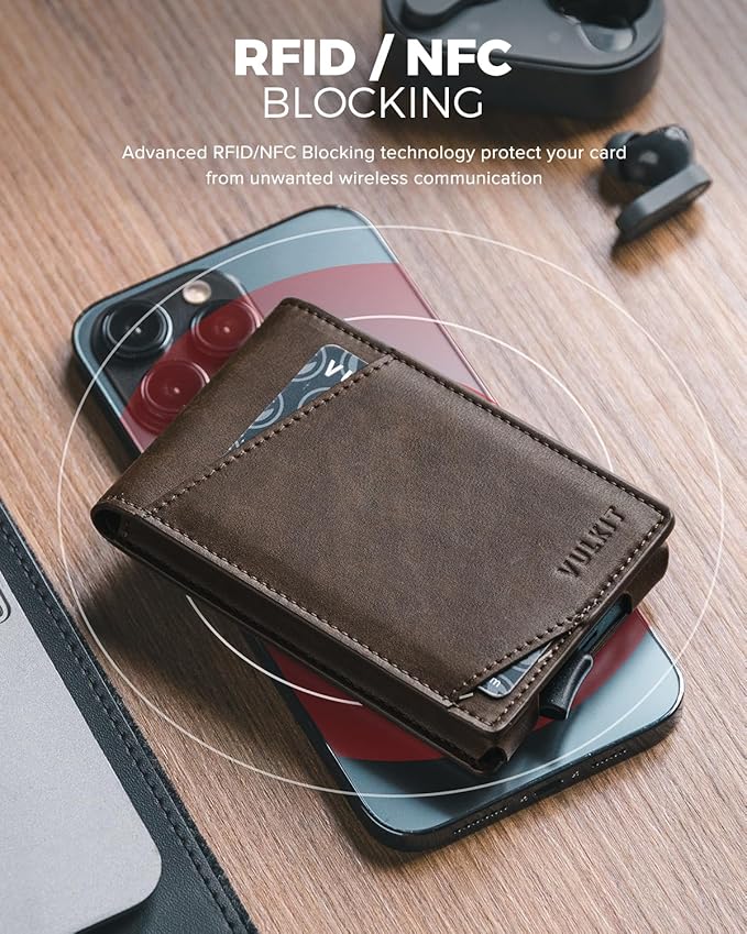 VULKIT Pop Up Wallet for Men, Credit Card Holder Minimalist Slim Bifold Wallets RFID Blocking with Gift Box Espresso