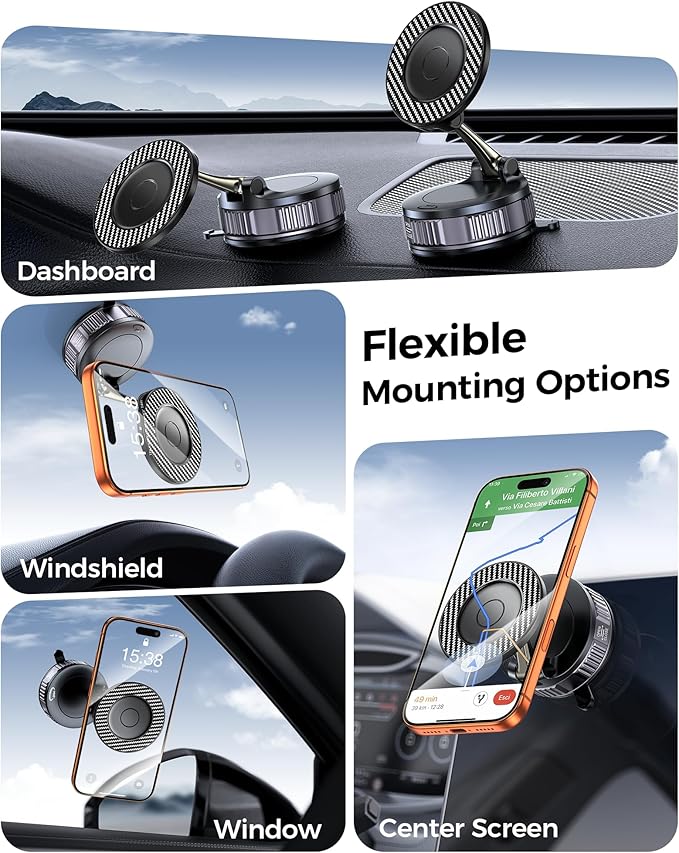 Car Phone Holder for Magsafe – [Carbon Fiber] Phone Mount for Car [Super Strong Magnetic, 360° Adjustable, 108LBS Vacuum Suction] Phone Holders for Your Car, Car Accessories for iPhone 17–12 Series