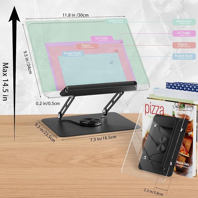 HAUTOCO Adjustable Acrylic Book Stand for Reading, 360° Rotating Base, Foldable Desktop Book Holder with Elastic Page Clips, Hands-Free Cookbook Stand for Laptop, Tablet, Recipe, Textbook, Music Score