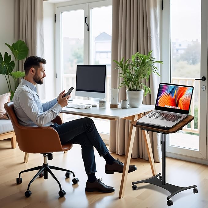 Rolling Laptop Floor Stand, Dual-Purpose for Desk & Floor, Adjustable Height from 16.5" to 51", with 4 Lockable Casters & Book Page Clips, Portable Laptop Stand (Walnut Finishing)