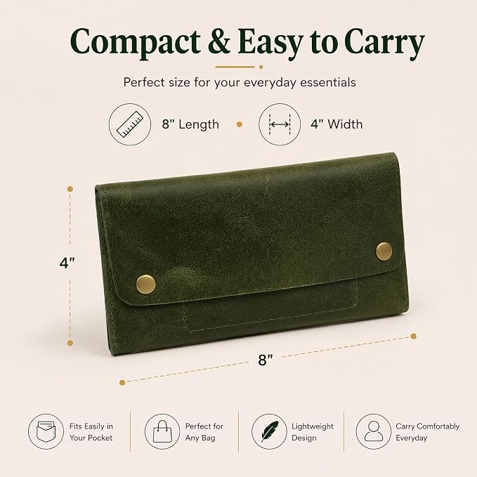 Leather Currency Pouch - Handmade Cash Organizer with Double Button Closure & Zipper Pocket, Compact Money Holder for Travel & Everyday Use, 4 x 8 Inch (Green)