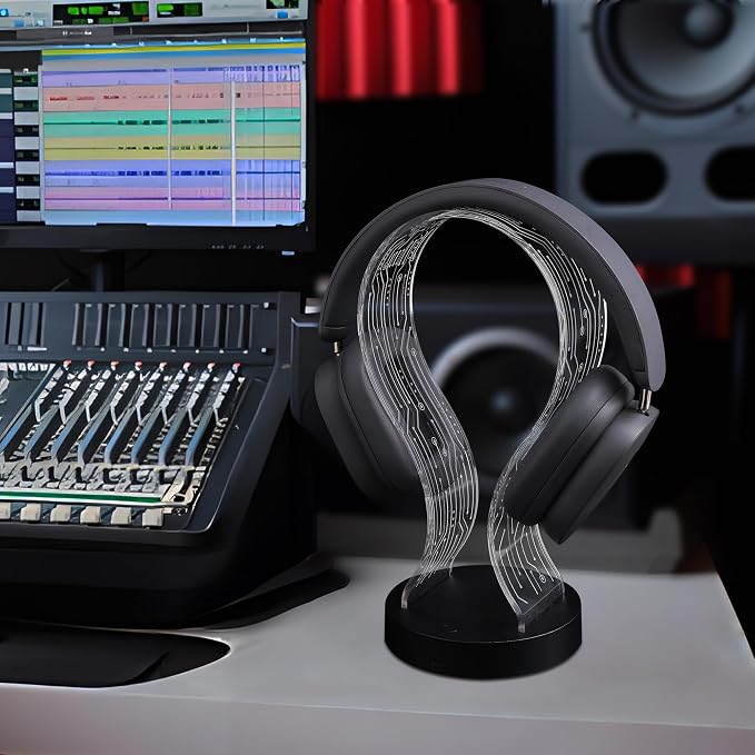 Lampeez Light Up Headphone Stand, Acrylic Desk Accessory Headset Holder with PCB Pattern and 16 Color LED Lights, 1 USB and 1 Type-C Charging Ports, for Gamers Music Lovers Boys Men