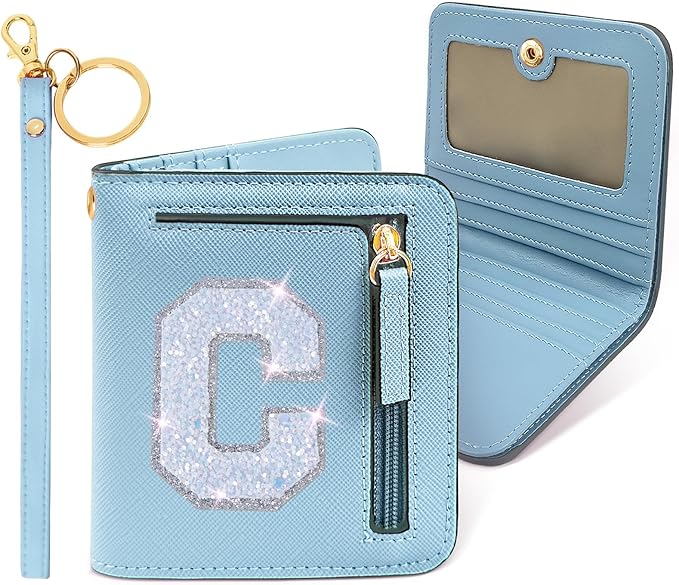 COSHAYSOO Initial RFID Wallet Small for Women Teenager Girl Travel Daily Stuff Storage Organizer, Mini Bifold Wallet Zip Compact Purse Mothers Valentines Easter Teachers Day Gift Blue C