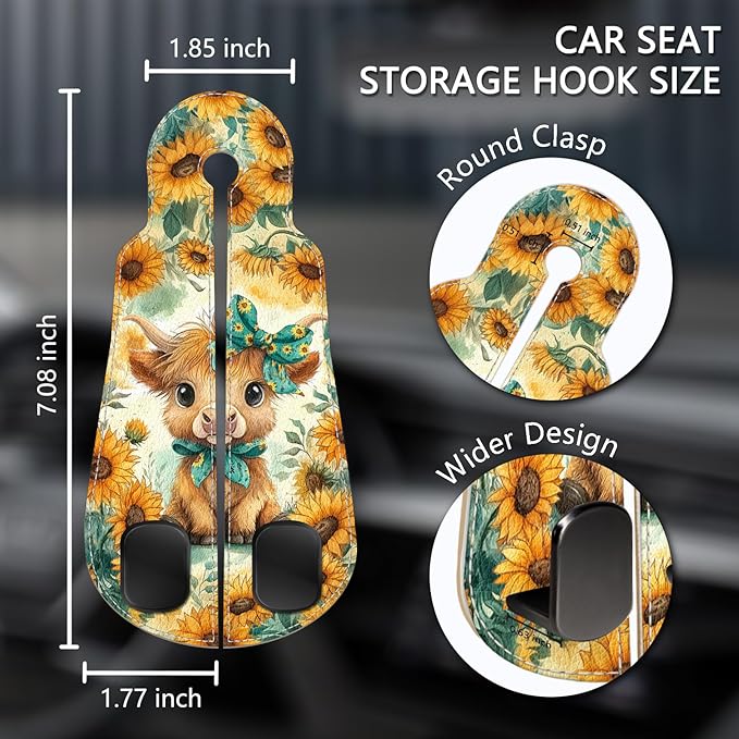 Blusabaca 2PCS Car Hooks for Purses Bags, Highland Cow Cattle Artwork Modern Seat Back Storage Headrest Holder Hanger PU Leather Double Metal Backseat Organizer, Women Car Accessories Organization