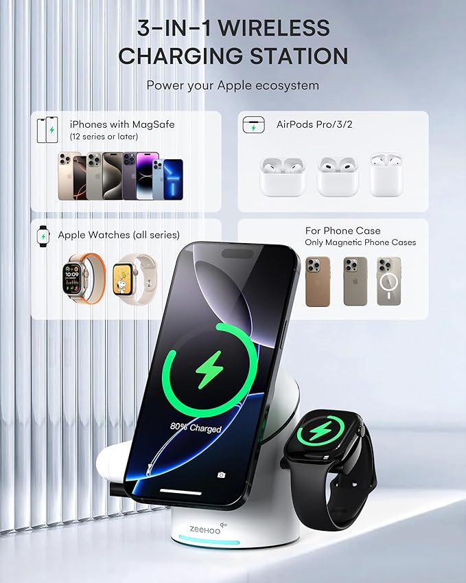 ZEEHOO 3 in 1 Charging Station for Apple Devices, Mag-Safe Charger Stand, Qi2 15W Auto-Rotating Wireless Charger for iPhone 17 16/15/14/13/12 Series& AirPods& iWatch(White)