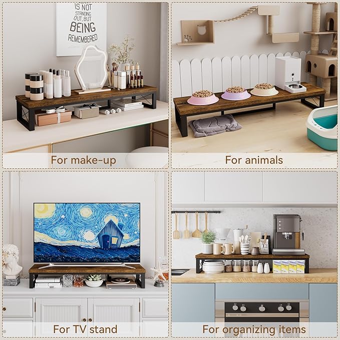 IBUYKE Large Dual Monitor Stand Riser for 2 Monitors, Wooden Desktop Computer Monitor Stand Storage Shelf and Steel Legs,Dual Screen Office Desk,Monitor Riser for Computer, Printer,Laptop,TV,Rustic Brown UTDJ002H