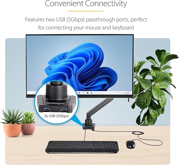 StarTech.com Desk Mount Monitor w/with 2X USB 3.0 Ports for VESA Display up to 34" (17.6lb/8kg), C-Clamp/Grommet, Mechanical Spring