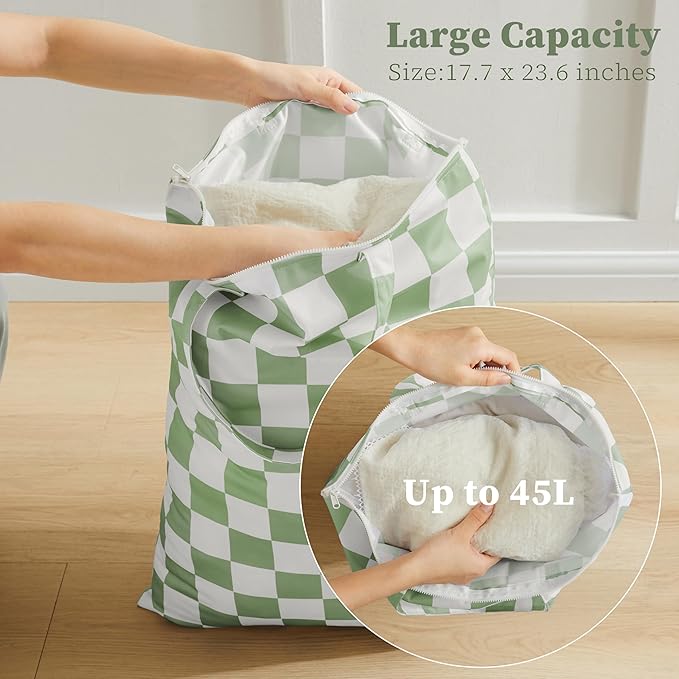Ohocut Checkered 2 Pcs Large Travel Laundry Bags for Dirty Clothes, Aesthetic Trendy Waterproof Washable Laundry Bag with Handle for Travel, Gym, Swimming Pool Sage Green