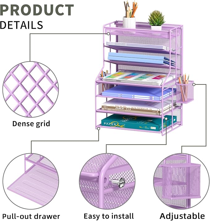 Purple 7 Tier Desk File Organizer, Metal Letter Tray Paper Organizer with Pull-Out Drawer, Removable Pen Holder & Hanging Basket, Vertical Desktop File Holder for Home Office, Classroom