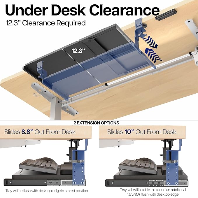 VIVO Large Height and Width Adjustable Under Desk Keyboard Tray, C-clamp Mount System, 22.5” to 30” (28.5” to 36” Including Clamps) x 11 inch Slide-Out Platform for Typing, Black, Mount-KBST1