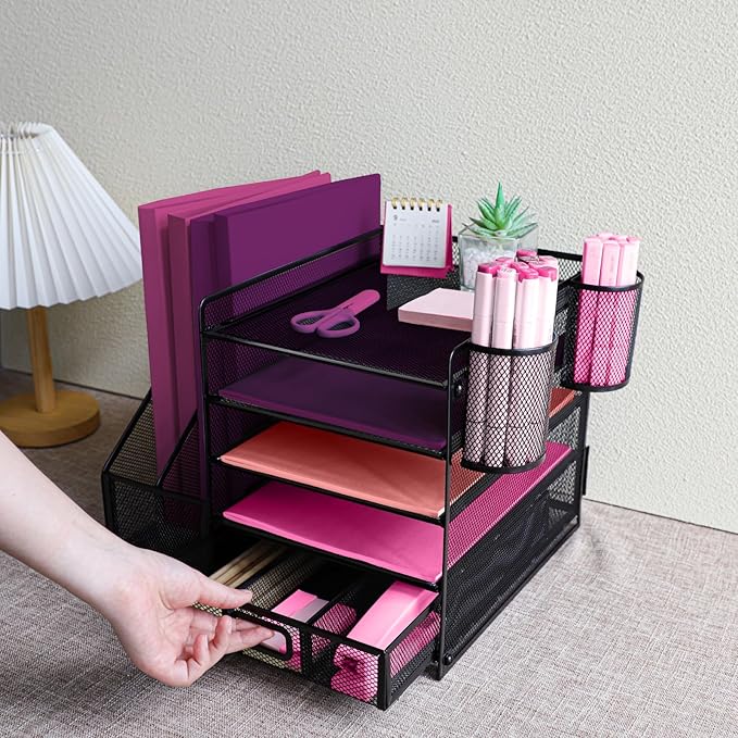 Desk Organizers and Accessories with File Holder, 5-Tier Paper Letter Tray Organiser with Drawer and 2 Pen Holder, Mesh Desktop Document Organizer for Office Supplies, Workspace - Black