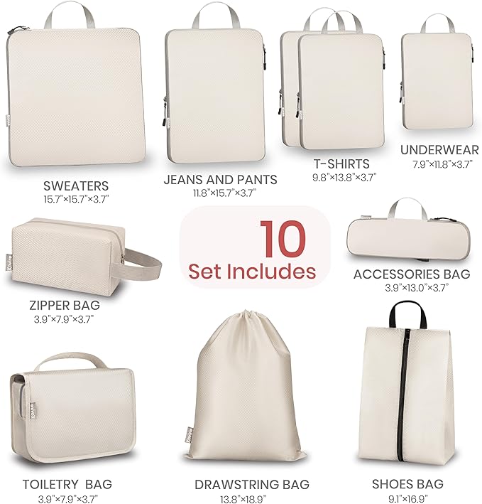 Compression Packing Cubes for Travel, Set of 10 Expandable Luggage Organizers with Shoe Bag, Lightweight Water-Resistant Suitcase Essentials for Carry-on & Checked Luggage, Apricot
