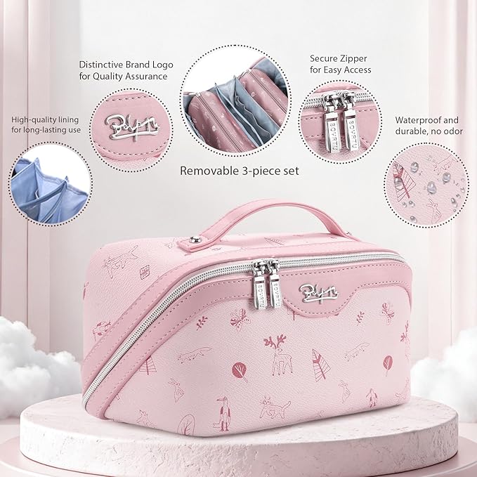 BOYATU Travel Makeup Bag Cosmetic Bags for Women: 3 Pcs Set Portable Make up Bag with Handle - PU Leather Toiletry Bags with Compartments - Makeup Organizer for Travel Essentials(L-5-Pink)