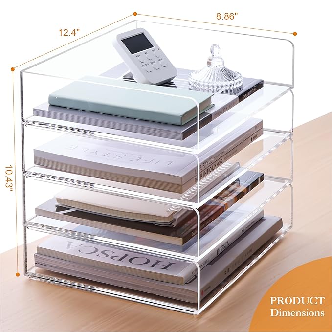 HeZone 4 Tier Paper Organizer for Desk,Acrylic Paper Tray,Clear Stackable Desk Organizer for Document, Office File,A4 Paper