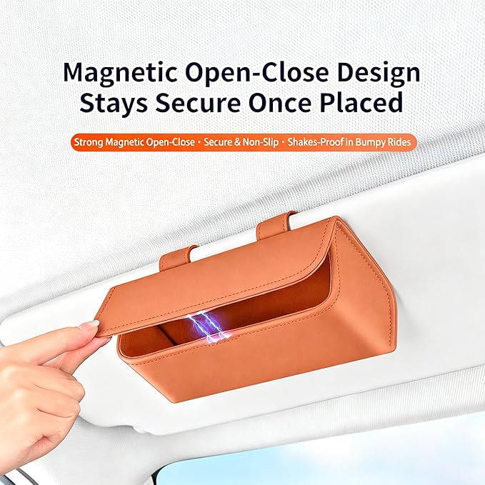 Car Sunglass Holder-Leather Magnetic Large Glasses Case,One-Handed Eyeglass Clip,Universal Auto Sun Visor Accessories