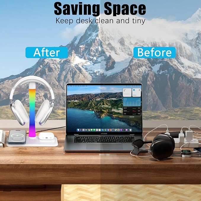 Headphone Stand with Wireless Charger,Gaming Headset Stand with RGB Light Mode,for iPhone17/16/15/14,Gifts for Gamers & Music Lover (White)
