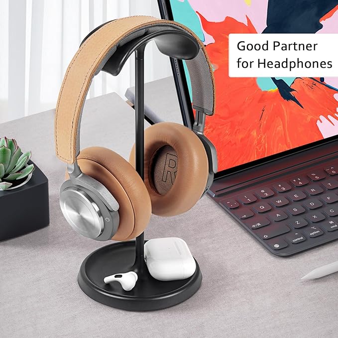 Headphone Stand, Curved Headset Stand with Storage Tray, Heavy Base Gaming Headset Holder for AirPods Max, AirPods Pro, Beats, Bose, Sony and More (Black)