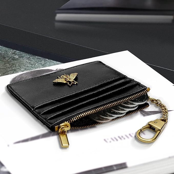 SEAVILIA Card Holder Keychain Wallet for Women with ID Window RFID Coin Purse Bee Gifts Slim Minimalist Small Wallet