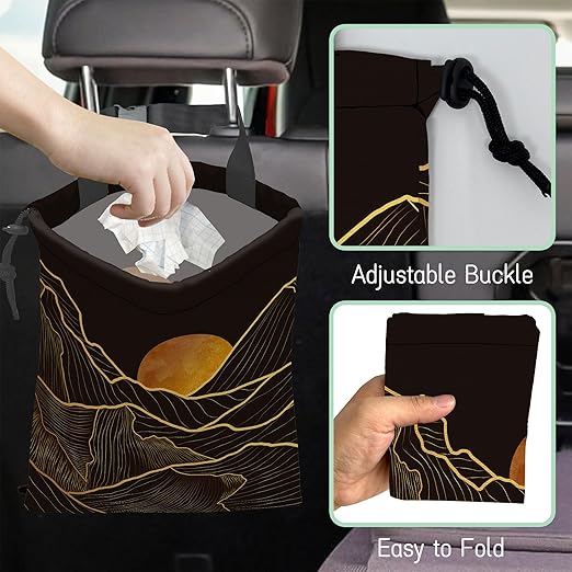 Gold Mountains Car Trash Bag,Hanging Drawstring Car Garbage Bag,Waterproof Canvas Car Back Seat Organizer with Adjustable Buckle,for Vehicles,SUVs,Camping,Road Trips