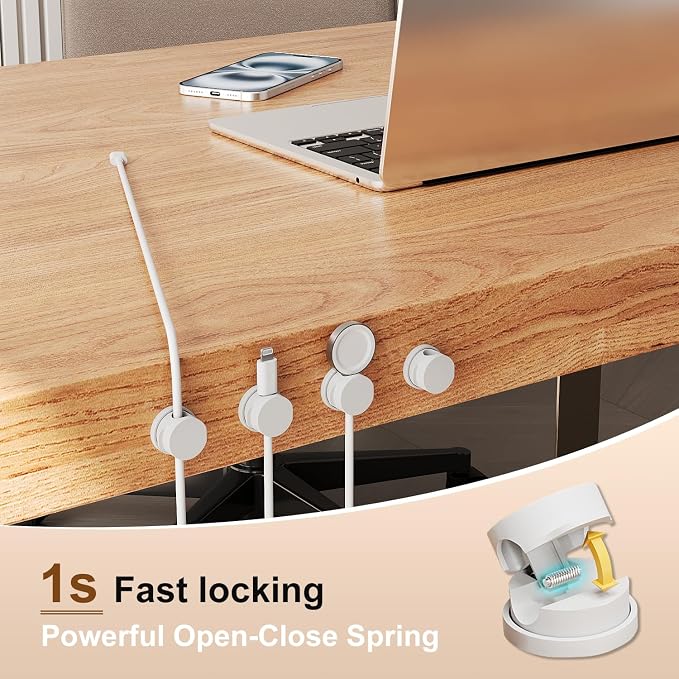 Cord Organizer Holder Clips 12 Pack 360° Rotatble Spring Cable Management,Hide Phone Charging Cable Keeper Strong Adhesive Wire Charger Holder for Home Car Office Nightstand Desk (White)