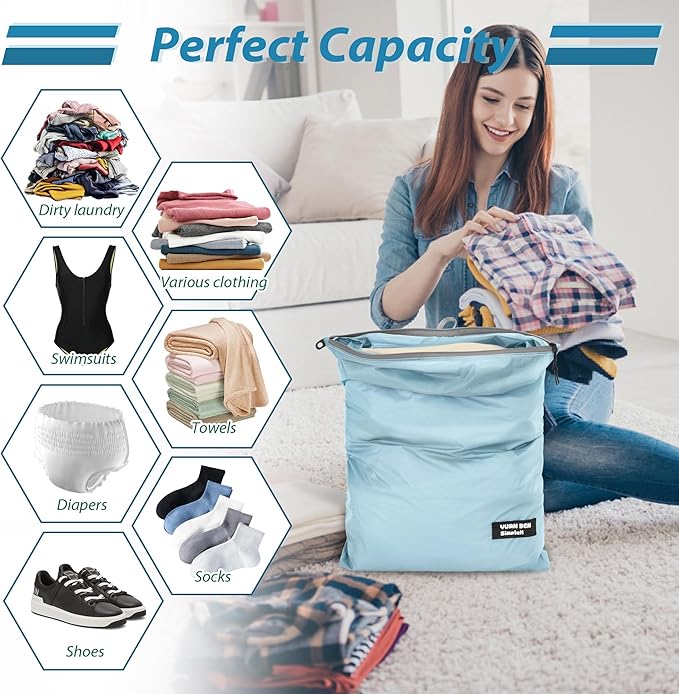 Veki 2 Pack Travel Laundry Bag, Waterproof Dirty Clothes Bags with Handles, Washable Wet Dry Bag, Essential Storage Organizer for Camping, Gym, Swimsuit, Suitcase, College Dorm (Blue&Grey, Large)