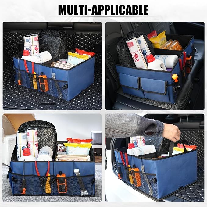 UYYE Auto Collapsible Trunk Organizer, 3 Large Compartments and 6 Pockets Durable for Cargo Storage, Easy to Storage Tools With Adjustable Securing Straps and Non-Slip Bottom for Car (Dark Blue)