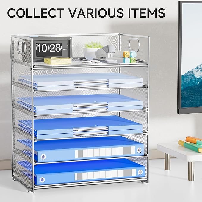 Paper Organizer for Desk with Handle, 6-Tier Silver Metal Mesh File Organizer | Stackable Desktop Organizer for Office Supplies & Home Organization